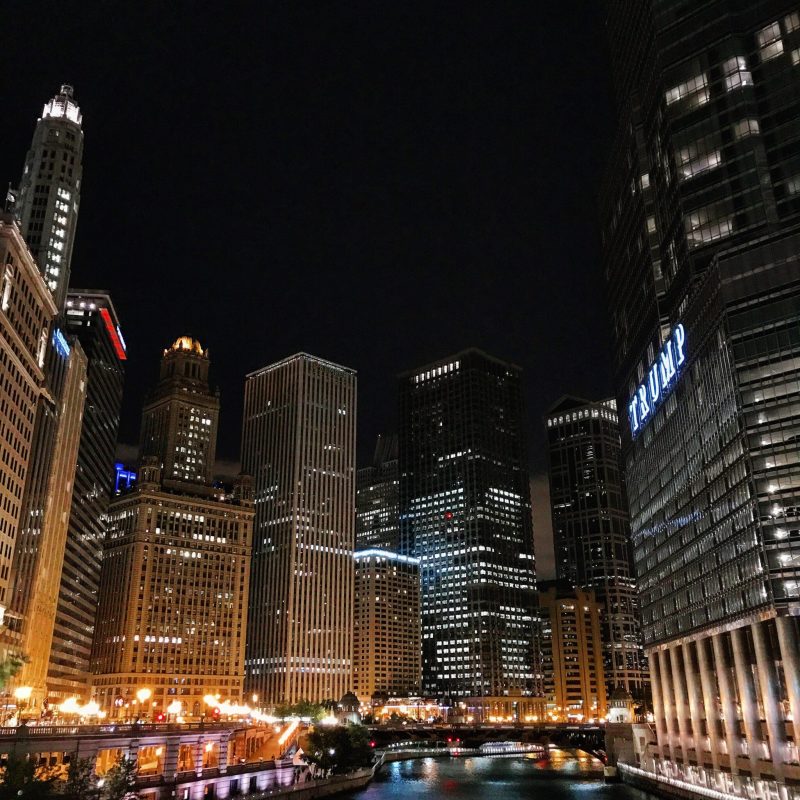 a lit up city at night