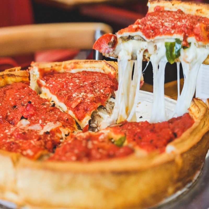 a plate of deep dish pizza